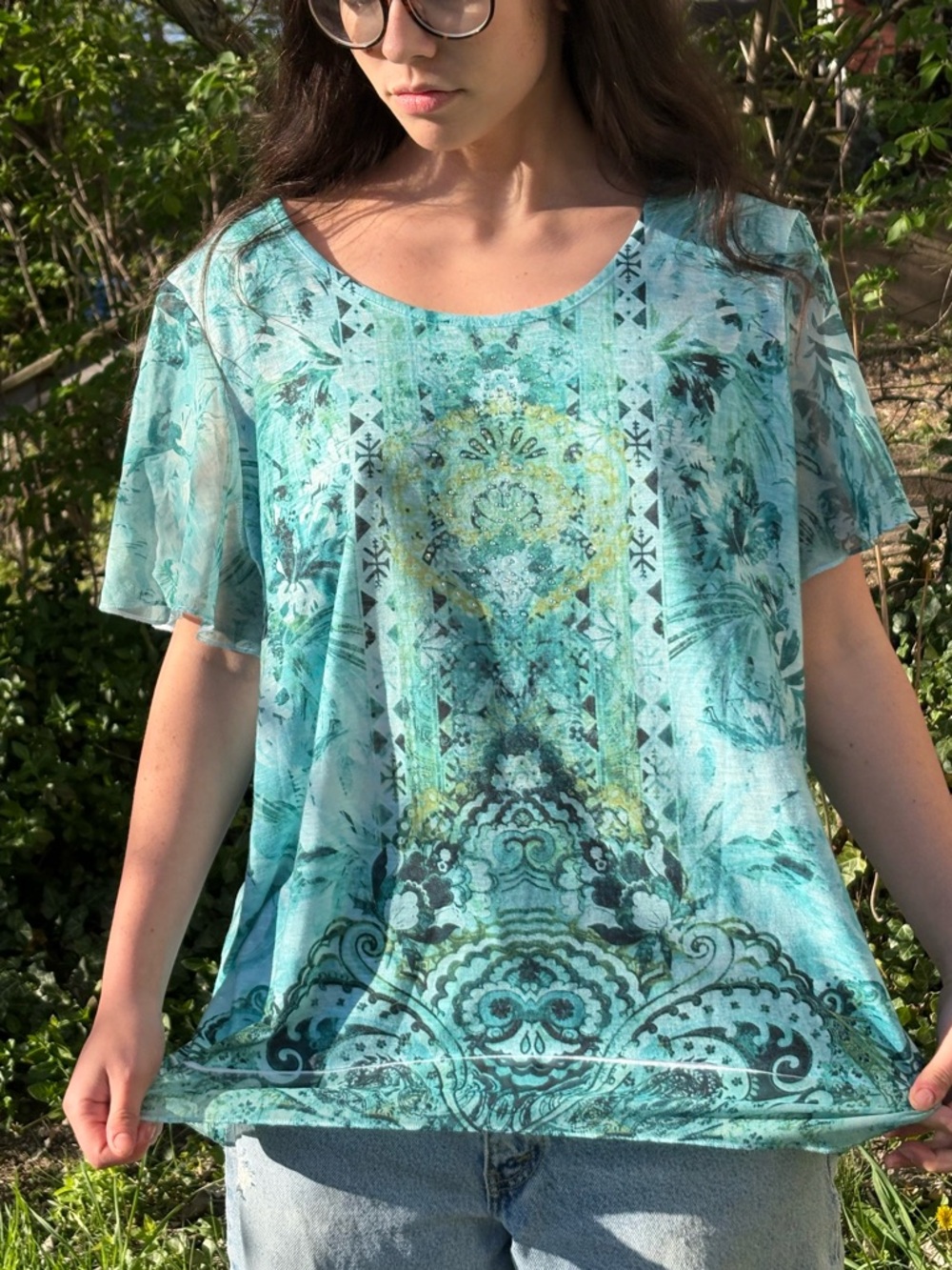 boho fairycore blue green flowy short sleeve tapestry patterned top sz. xl